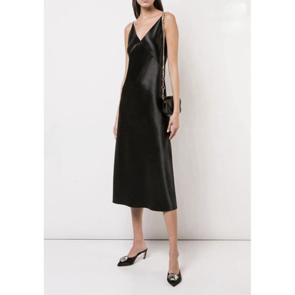 VINCE Black Satin V-Neck Midi Slip Dress Sz M Quiet Luxury Minimalist MSRP $295 - Picture 2 of 16